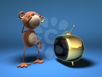 Royalty Free 3d Clipart Image of a Monkey Watching Television