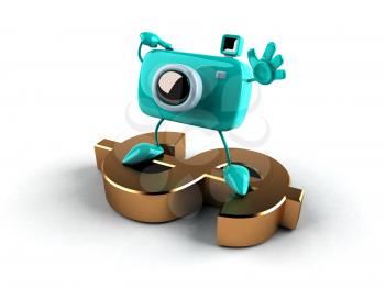 Royalty Free 3d Clipart Image of a Camera Standing on a Dollar Sign