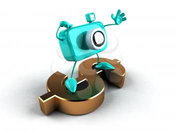 Royalty Free 3d Clipart Image of a Camera Standing on a Dollar Sign