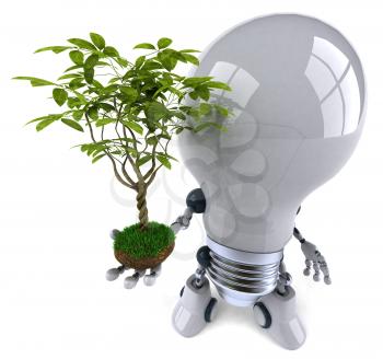 Royalty Free 3d Clipart Image of a Robot Lightbulb Holding a Plant