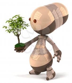 Royalty Free 3d Clipart Image of a Brown Robot Holding a Plant