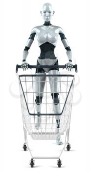 Royalty Free 3d Clipart Image of a Female Robot Pushing a Shopping Cart