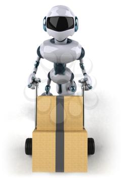 Royalty Free 3d Clipart Image of a Robot Pushing a Dolly Cart with Boxes