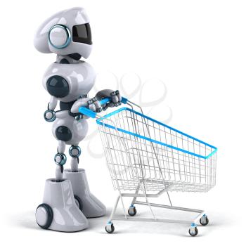 Royalty Free 3d Clipart Image of a Robot Pushing a Shopping Cart