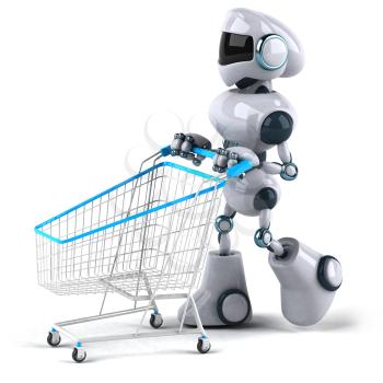 Royalty Free 3d Clipart Image of a Robot Pushing a Shopping Cart