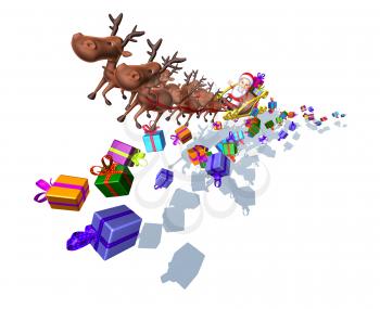 Royalty Free 3d Clipart Image of Santa Riding in a Sleigh Led by Reindeer with Presents