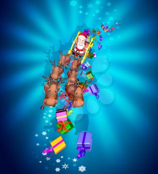 Royalty Free 3d Clipart Image of Santa Riding in a Sleigh Led by Reindeer with Presents