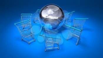 Royalty Free 3d Clipart Image of Shopping Carts With a Blue Background and a Globe in the Middle