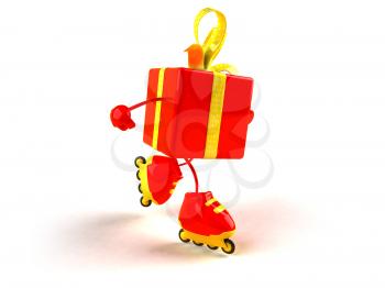 Royalty Free 3d Clipart Image of a Shiny Gift on Rollerblades