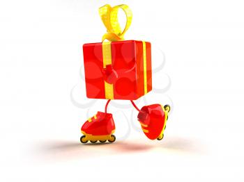 Royalty Free 3d Clipart Image of a Shiny Gift on Rollerblades