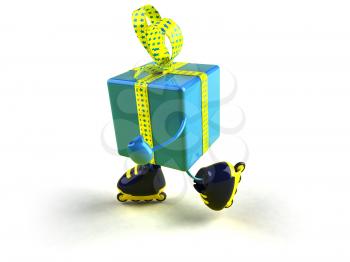 Royalty Free 3d Clipart Image of a Shiny Gift on Rollerblades