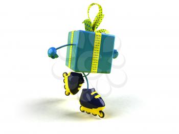 Royalty Free 3d Clipart Image of a Shiny Gift on Rollerblades