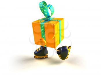 Royalty Free 3d Clipart Image of a Shiny Gift on Rollerblades