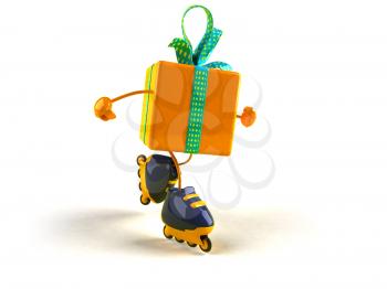 Royalty Free 3d Clipart Image of a Shiny Gift on Rollerblades