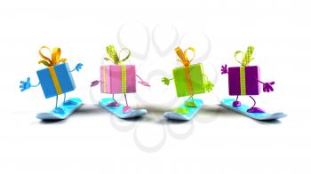 Royalty Free 3d Clipart Image of Shiny Gifts on Snowboards