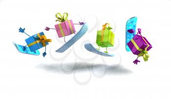 Royalty Free 3d Clipart Image of Shiny Gifts on Snowboards