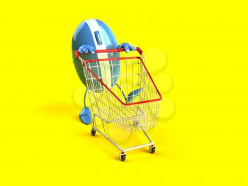 Royalty Free 3d Clipart Image of a Computer Mouse Pushing a Shopping Cart