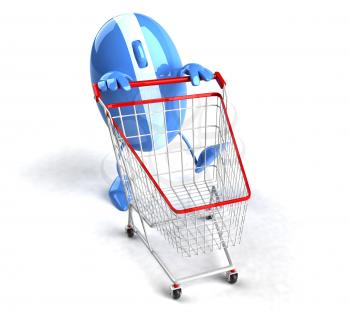 Royalty Free 3d Clipart Image of a Computer Mouse Pushing a Shopping Cart