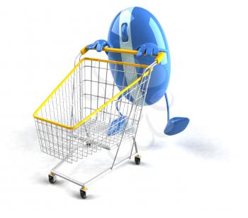 Royalty Free 3d Clipart Image of a Computer Mouse Pushing a Shopping Cart