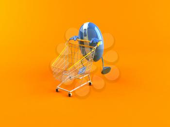 Royalty Free 3d Clipart Image of a Computer Mouse Pushing a Shopping Cart