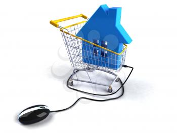 Royalty Free 3d Clipart Image of a House in a Shopping Cart Attached to a Computer Mouse