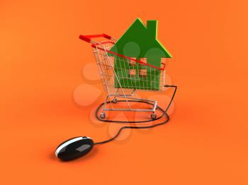 Royalty Free 3d Clipart Image of a House in a Shopping Cart Attached to a Computer Mouse