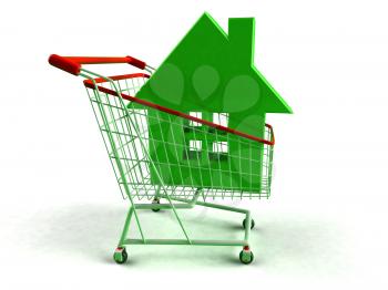 Royalty Free 3d Clipart Image of a House in a Shopping Cart Attached to a Computer Mouse