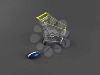 Royalty Free 3d Clipart Image of a Computer Mouse Attached to a Shopping Cart