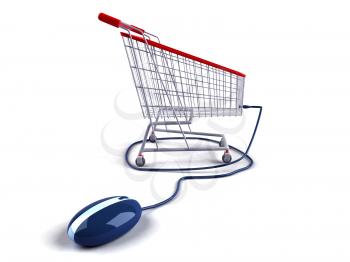 Royalty Free 3d Clipart Image of a Computer Mouse Attached to a Shopping Cart