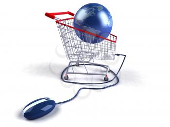 Royalty Free 3d Clipart Image of a Globe in a Shopping Cart Attached to a Computer Mouse