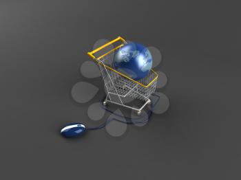 Royalty Free 3d Clipart Image of a Globe in a Shopping Cart Attached to a Computer Mouse