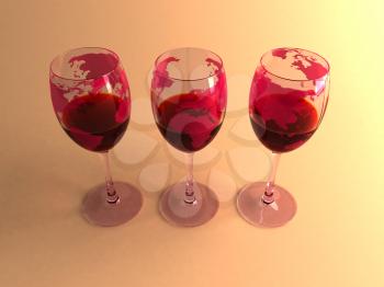 Royalty Free 3d Clipart Image of Three Glasses of Red Wine