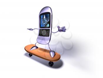 Royalty Free 3d Clipart Image of a Cell Phone Riding a Skateboard