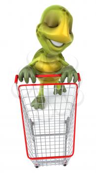 Royalty Free 3d Clipart Image of a Turtle Pushing a Shopping Cart