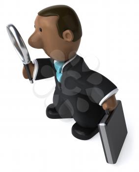 Royalty Free Clipart Image of a Black Businessman With a Magnifying Glass