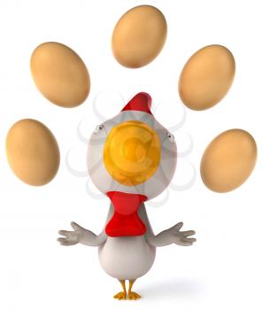 Royalty Free Clipart Image of a Chicken Juggling Eggs