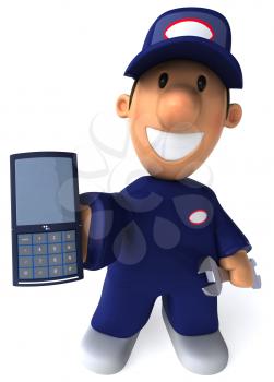 Royalty Free Clipart Image of a Mechanic With a Cellphone