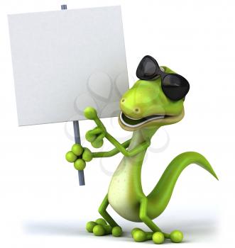 Royalty Free Clipart Image of a Lizard in Sunglasses Holding a Sign