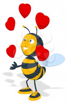 Royalty Free Clipart Image of a Bee Juggling Hearts