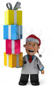 Royalty Free Clipart Image of a Doctor in a Santa Hat With Gifts