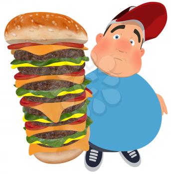 Royalty Free Clipart Image of a Fat Man With a Huge Cheeseburger