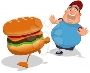 Royalty Free Clipart Image of a Man Chasing a Burger