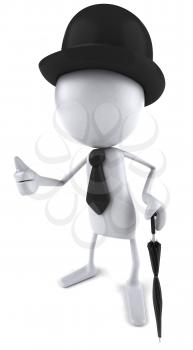 Royalty Free Clipart Image of a Blank Dude Wearing a Bowler Hat and Tie and Holding an Umbrella