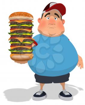 Royalty Free Clipart Image of a Fat Man With a Huge Cheeseburger