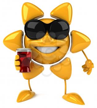 Royalty Free Clipart Image of a Sun in Sunglasses Holding a Drink