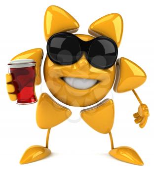 Royalty Free Clipart Image of a Sun in Sunglasses Holding a Drink