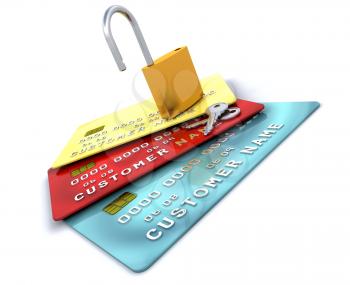 Royalty Free Clipart Image of a Padlock on Credit Cards