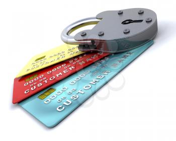 Royalty Free Clipart Image of a Padlock on Credit Cards