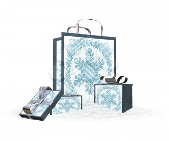 Royalty Free Clipart Image of a Gift Bag and Boxes in the Snow