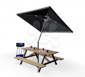 Royalty Free Clipart Image of a Picnic Table With Umbrella and Barbecue